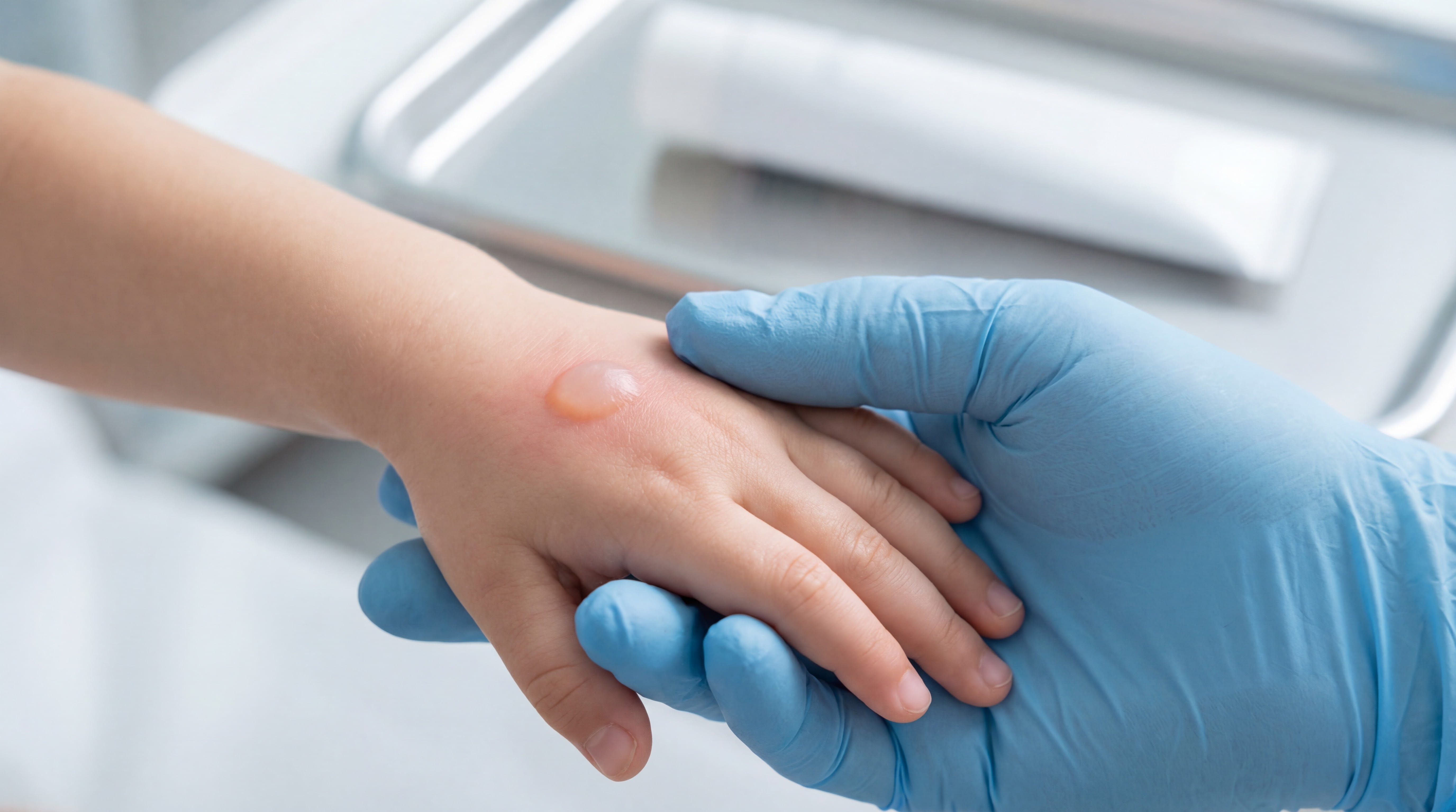 Tourist using smartphone for online doctor consultation about sun allergy rash from hotel room
