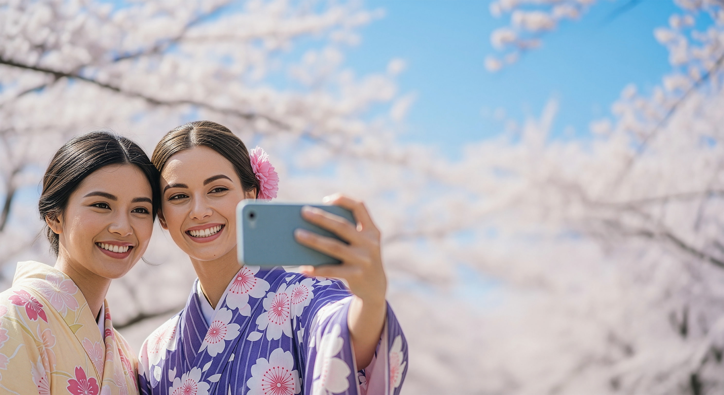 Spring skiing in Japan with cherry blossoms and snowy mountain peaks